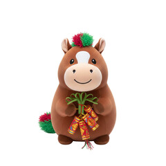 Cute plush horse toy holding traditional firecrackers