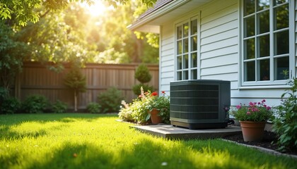 Air conditioning unit sits on concrete pad in sunny green backyard garden. Outdoor HVAC equipment next to house siding windows and flowering plants.