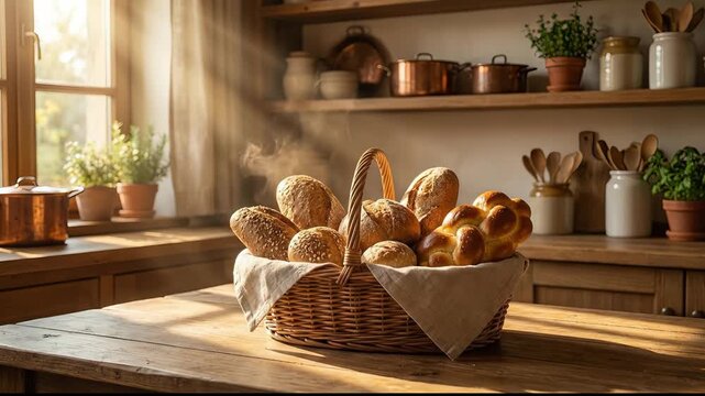 Authentic fresh bread in a rustic kitchen, bathed in warm sunlight.