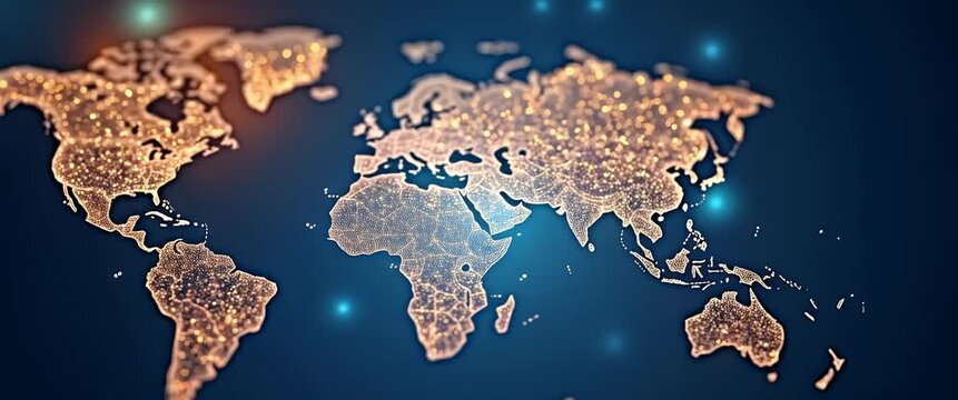 Illuminated digital world map with glowing connections; slow camera pan reveals interconnected continents; ambient lights flicker in a cinematic, futuristic style.