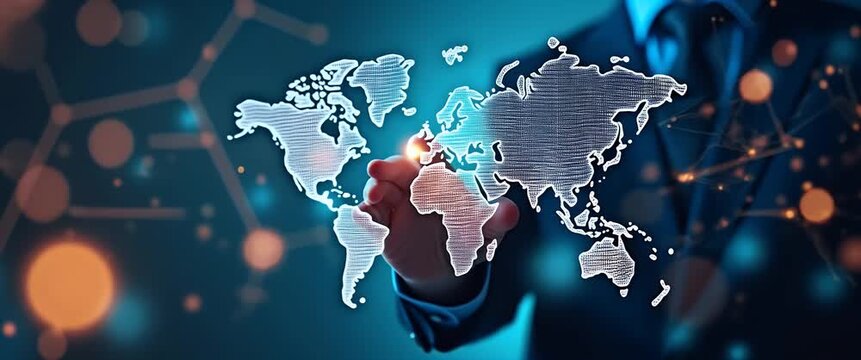 Futuristic hand interacts with digital world map, glowing data points pulse; camera slowly pans across high-tech interface, creating a cinematic atmosphere with ambient light motion.