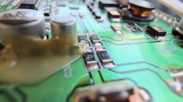 Macro of STM32 microchip on green PCB. Close-up of soldered white wires, electrolytic capacitors, inductors, and SMT components. High-tech circuit board for industrial hardware and engineering.