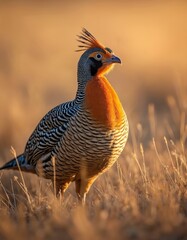 Male crested francolin stands in dry grass. Bird displays vibrant orange neck feathers. Exotic fowl with unique crest in natural habitat. Wildlife photography of beautiful asian pheasant.