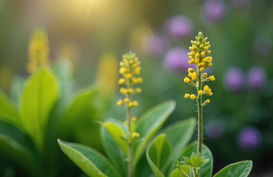 Small yellow flower spike blooms in a garden setting. Soft sunlight filters through green leaves creating a gentle, natural atmosphere. Out of focus purple flowers add color to background.