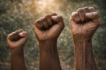 Uplifted Fists Symbolizing Unity, Resistance, and Strength in the Face of Adversity Amidst a Natural Background