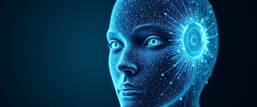 Futuristic AI face with digital network patterns glows softly, camera pans slowly to reveal intricate details, cinematic style, perfect for technology and innovation themes.