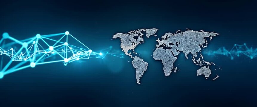 Cinematic world map glows with dynamic data lines; slow pan reveals global connectivity in a digital landscape, capturing technology's evolving impact.