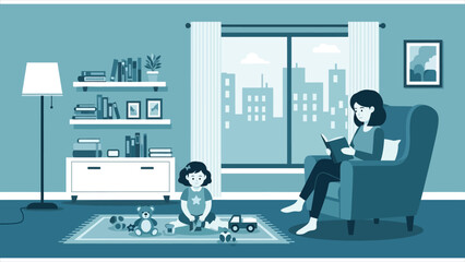 Fototapeta premium Mother and daughter playing at home. Children’s toys, living room interior, and father working remotely. Family and childcare vector illustration