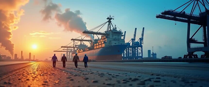Workers walk across a bustling shipyard at sunrise, with a cinematic pan capturing the serene glow of the horizon as cranes and ships loom in the background, evoking industrial progress.