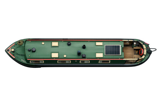Green narrowboat with solar panel, top view