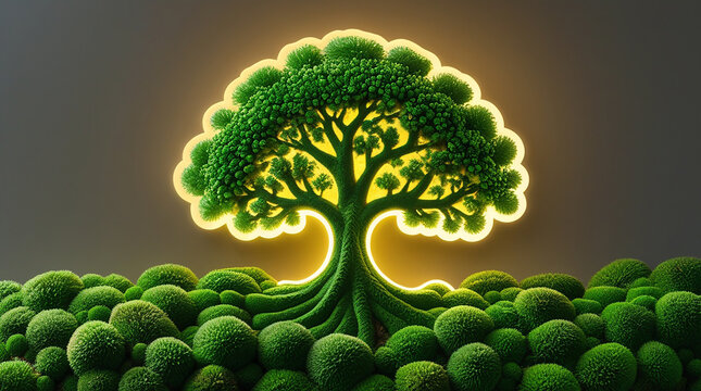 A highly detailed and vibrant logo of the tree made entirely out of lush green moss with intricate details and textures, illuminated from within by a soft and warm backlight that highlights the delica