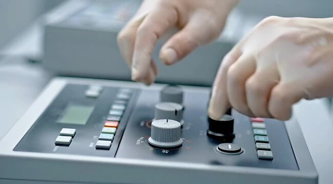 Close-up of gloved hands operating a control panel with buttons and rotary knobs