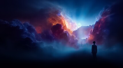 Man stands in the middle of a dark, cloudy sky. The sky is filled with clouds of various sizes and colors