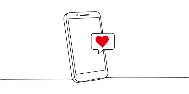 Continuous single line drawing of a cell phone with love notification, line art style illustration.