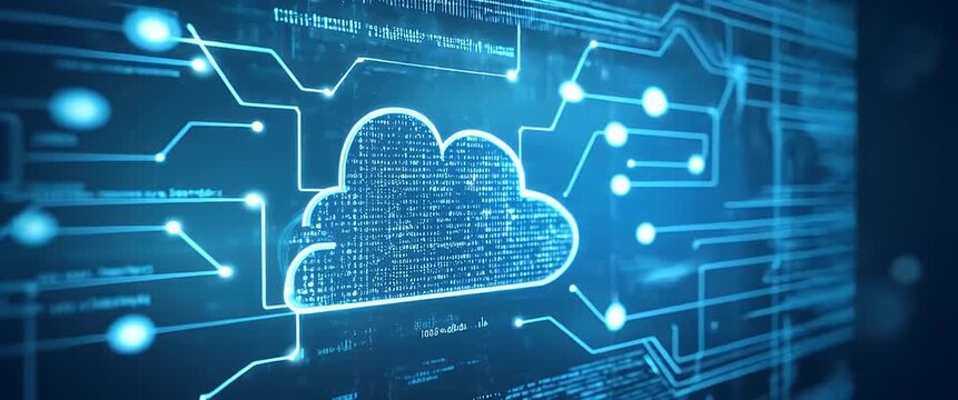 Futuristic digital cloud computing interface expands dynamically as the camera slowly pans across, with ambient data streams flickering in a sleek, cinematic style.