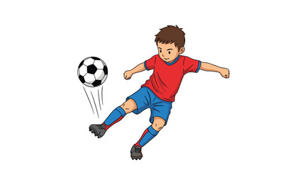 Naklejka premium Energetic young boy in a red shirt and blue shorts kicks a soccer ball high into the air, demonstrating his athletic passion for the popular sport.