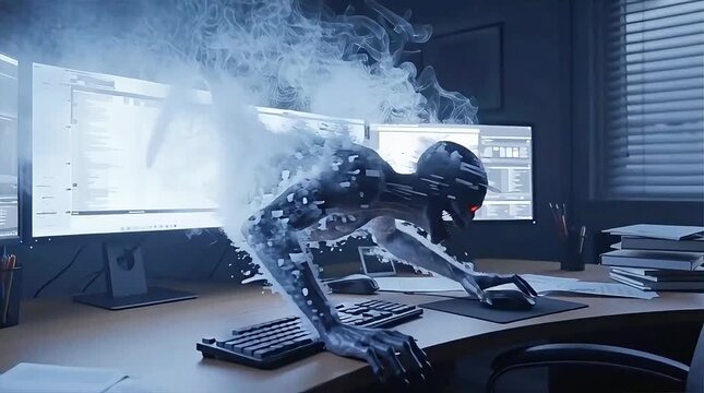 Digital entity emerges engulfing computer workspace