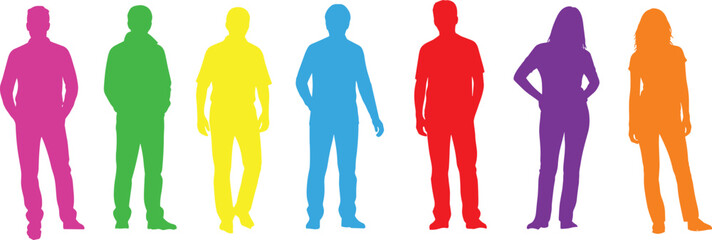 Vibrant colorful silhouette people group standing in row, rainbow men women figures pink green yellow blue red purple orange, diversity unity vector illustration