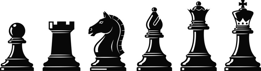 Chess pieces silhouette set, king queen rook bishop knight pawn strategy board game icons isolated on white background © MDTAHMID