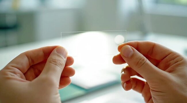 Hands holding a clear transparent blank glass rectangle in a bright environment
