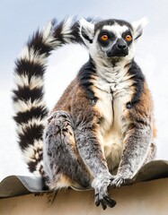 Fototapeta premium A ring-tailed primate with striking orange eyes sits on a ledge, displaying its iconic striped tail against a cloudy sky