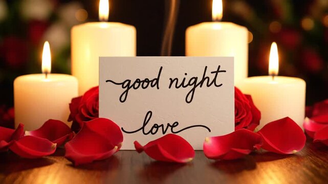 Romantic good night card with candles and rose petals on wooden table