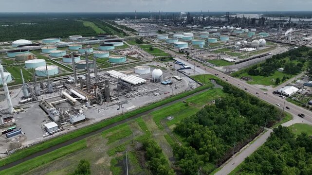 Aerial of Oil and gas refineries and factories at work in Good Hope, Louisiana during summer