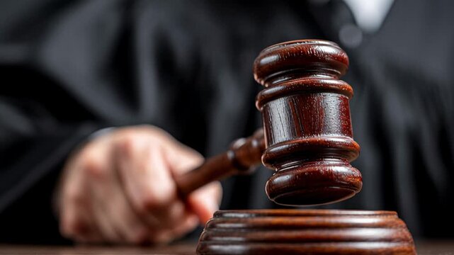 Judge gavel striking wooden block, caucasian judge in black robe delivering decisive verdict in courtroom; close-up on hand, polished mallet, echoing authority,
