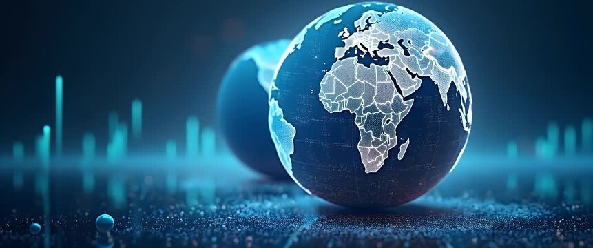 Futuristic digital globes rotate gently as the camera slowly pans, with ambient lights flickering in a cinematic style, perfect for technology, innovation, and global business concepts.
