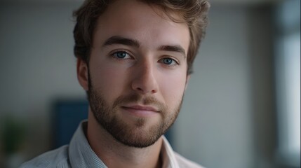 Obraz premium Close up portrait of a calm young man with blue eyes and a beard in soft natural light