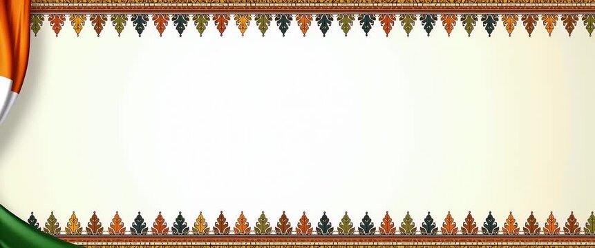 Elegant Indian flag waves gently against a traditional border, as the camera slowly pans across a minimalist, blank canvas, creating a serene, cinematic backdrop with ample copy space.