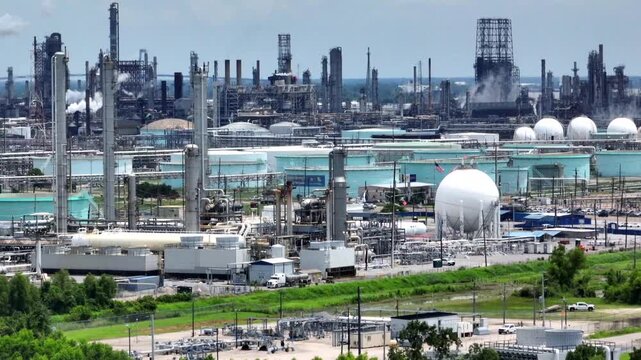 Aerial of Oil and gas refineries and factories at work in Good Hope, Louisiana during summer