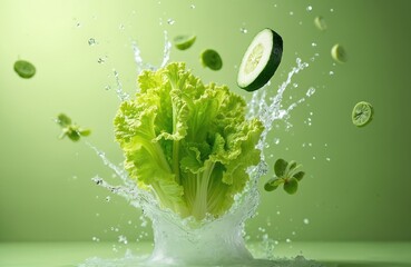 Fresh lettuce and cucumber slices fly through water splashes against a vibrant green backdrop. Droplets scatter, creating dynamic motion and emphasizing the crispness of the produce.