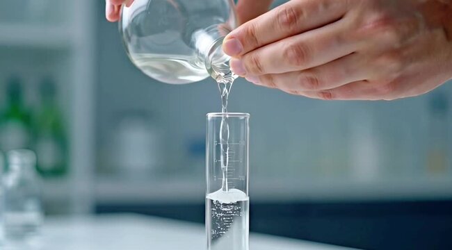 Hands Pouring Clear Liquid into Graduated Cylinder in Laboratory for Precise Measurement