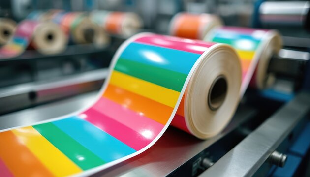 Rolls of vibrant rainbow striped labels on modern printing machine in factory. Paper labels get produced in large quantities for commercial use. Production line workflow in printing industry.