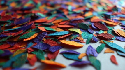 Obraz premium Colorful party confetti scattered multicolored crepe paper petals for festive celebration background and craft design for cards posters and packaging