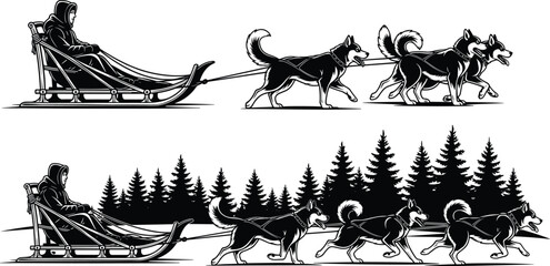 Set of realistic husky dog sledding silhouettes featuring a musher driving a team of dogs through a winter pine forest © mstHasina