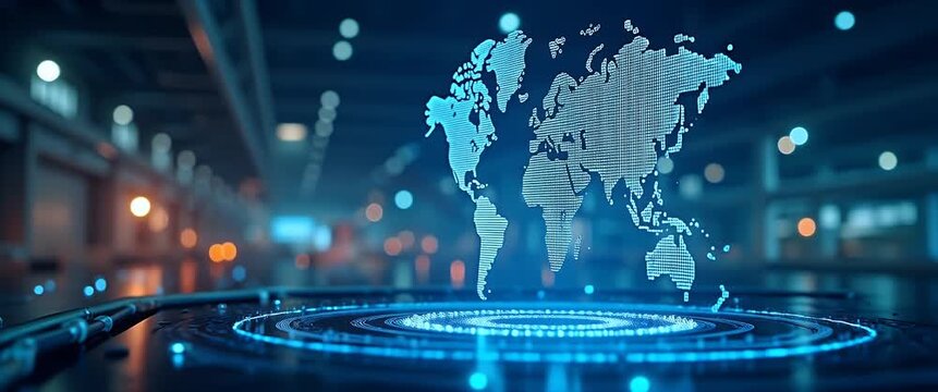 Futuristic digital map projection hovers in a high-tech industrial setting, with ambient lights flickering and a steady camera pan, creating a cinematic and innovative atmosphere.