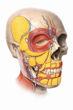 Human skull anatomy with facial muscles nerves and fat pads medical illustration

