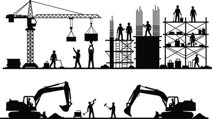 Set of industrial construction site silhouettes featuring heavy machinery like excavators cranes and workers for building development and civil engineering projects © mstHasina