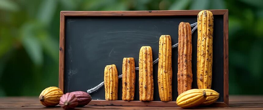 Cinematic close-up of cocoa pods gradually stacking to form a growth graph on a chalkboard, with gentle ambient lighting shifts and a slow camera pan, symbolizing agricultural success.