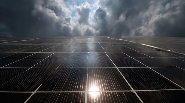 Dramatic cloudy sky over a vast array of solar panels with sunlight reflecting on the surface symbolizing renewable energy gene n