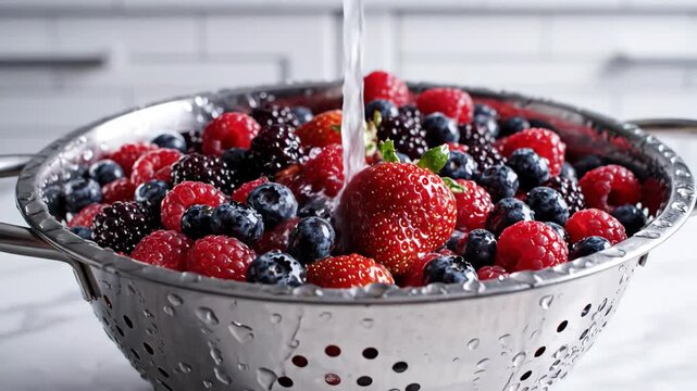 Fresh mixed berries including strawberries, blueberries, and raspberries being rinsed with water in a stainless steel colander on a marble countertop in a bright kitchen