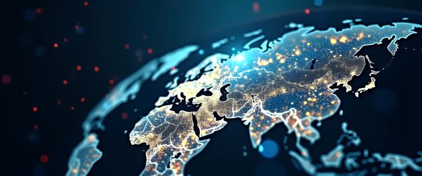 Global network visualization with digital map pulses and lights shimmer; camera smoothly pans across the illuminated continents in a futuristic, cinematic style.