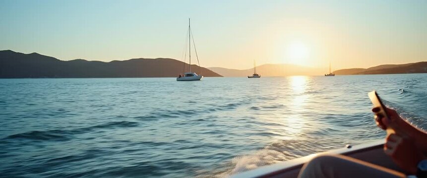 A man relaxes on a luxury yacht at sunset, reading on a tablet as gentle waves sway; the camera slowly pans to capture the cinematic serenity and expansive sea views.