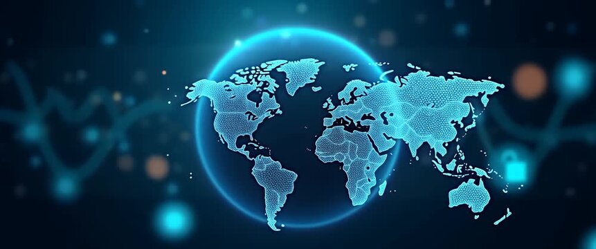 Digital world map pulses with light as camera slowly pans, highlighting data network connections in a futuristic, cinematic style.