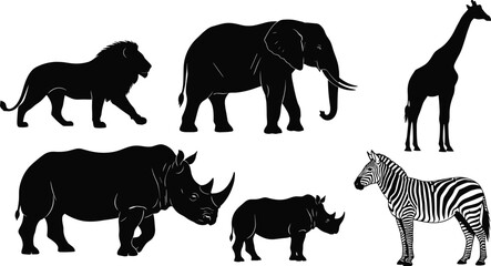 Black African Safari Animal Silhouettes Set Including Lion Elephant Giraffe Rhino and Zebra Isolated on White Background for Wildlife Nature Conservation and Vector Design Projects © Mst