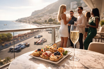 Naklejka premium Monaco GP F1 Paddock Club luxury hospitality gourmet appetizers and champagne on marble table with VIP guests overlooking coastal race track motorsport glamour