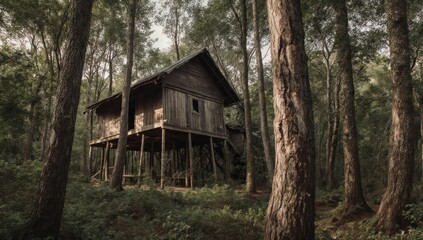 Rustic wooden cabin on stilts, immersed in a tranquil, shaded forest
