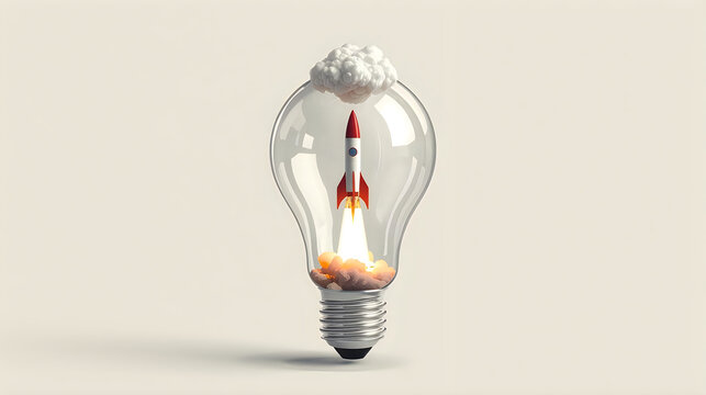 Red and White Rocket Launching Inside Clear Glass Light Bulb isolated on Transparent Background